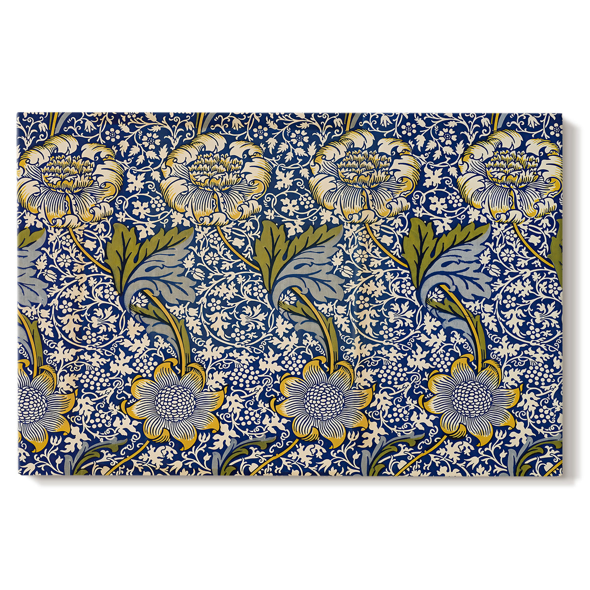 Canvas art print portraying a repeating pattern of birds and plants intertwined in dense decorative layout, set against a white background