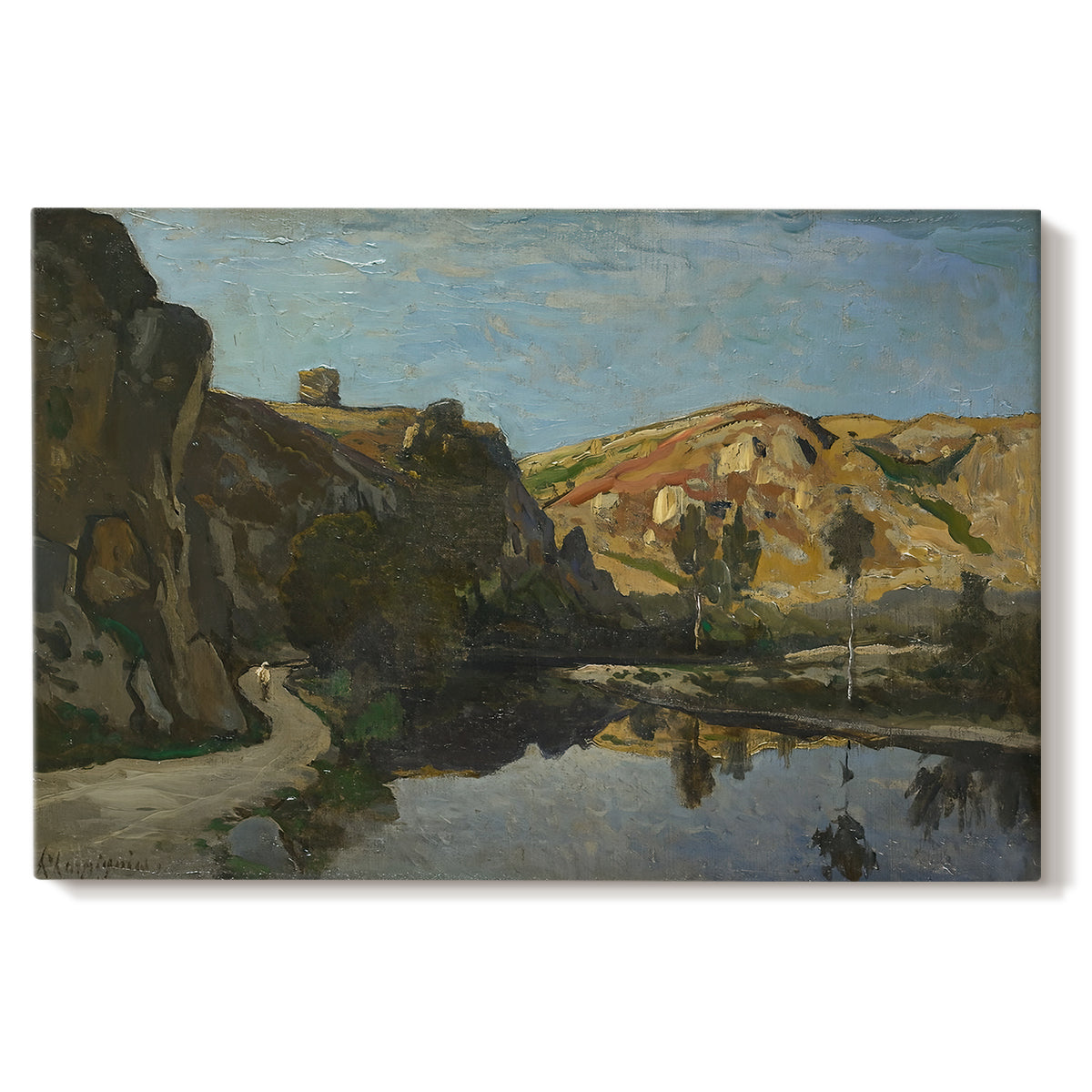 Canvas art print portraying a river flowing between rocky cliffs under open sky, set against a white background