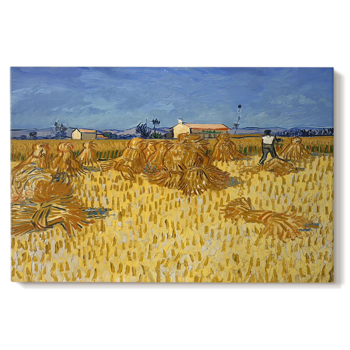 Canvas art print portraying stacked bundles of wheat arranged across harvested field under open sky, set against a white background