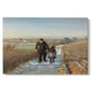 Canvas art print portraying an elderly man and child walking together along quiet rural path, set against a white background