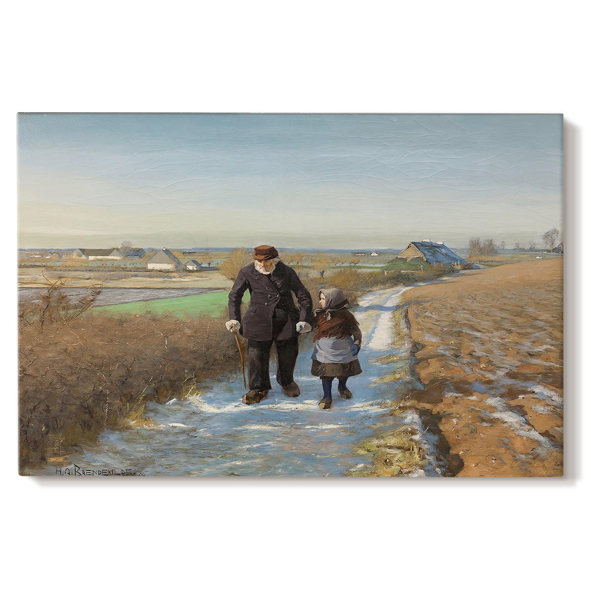 Canvas art print portraying an elderly man and child walking together along quiet rural path, set against a white background