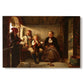 Canvas art print portraying a group of rural villagers gathered inside a dimly lit wooden interior in conversation, set against a white background