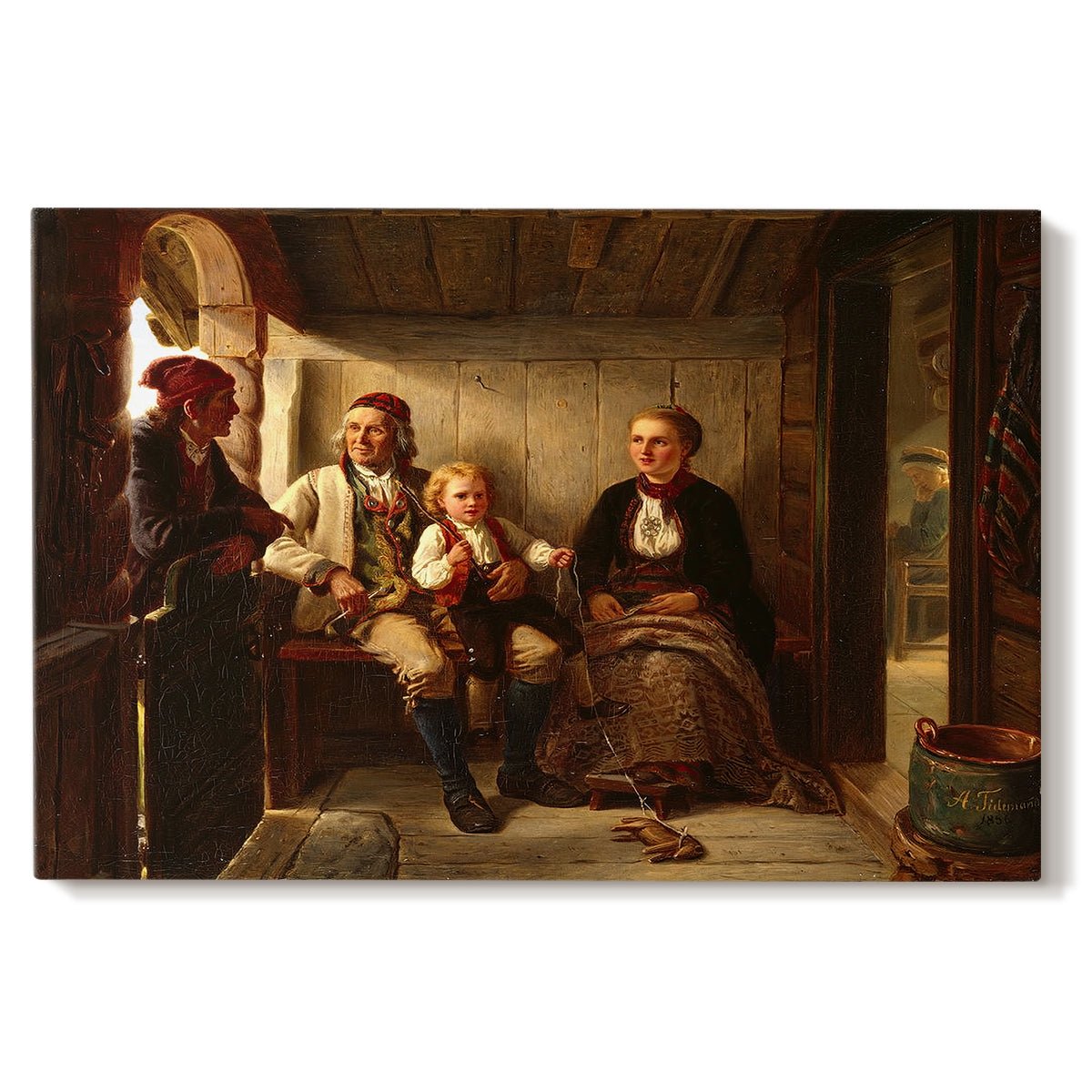 Canvas art print portraying a group of rural villagers gathered inside a dimly lit wooden interior in conversation, set against a white background