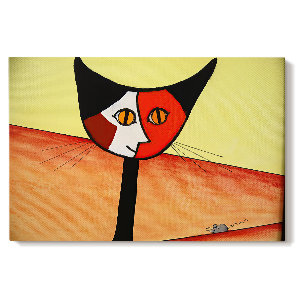 Canvas art print portraying a stylized cat face composed of bold geometric shapes, set against a white background