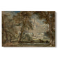 Canvas art print portraying a cathedral rising above landscape with trees and field, set against a white background