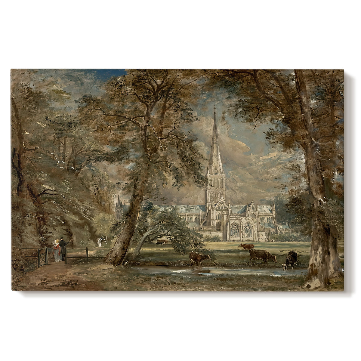 Canvas art print portraying a cathedral rising above landscape with trees and field, set against a white background