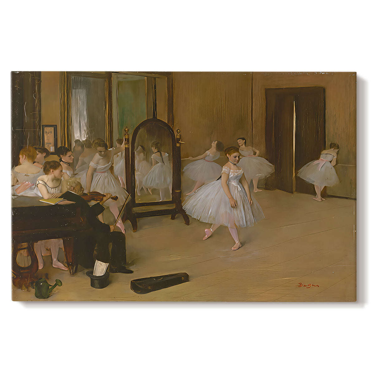 Canvas art print portraying a ballet class with dancers practicing positions under instructor guidance, set against a white background