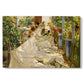 Canvas art print portraying figures working together sewing large sail outdoors in bright light, set against a white background