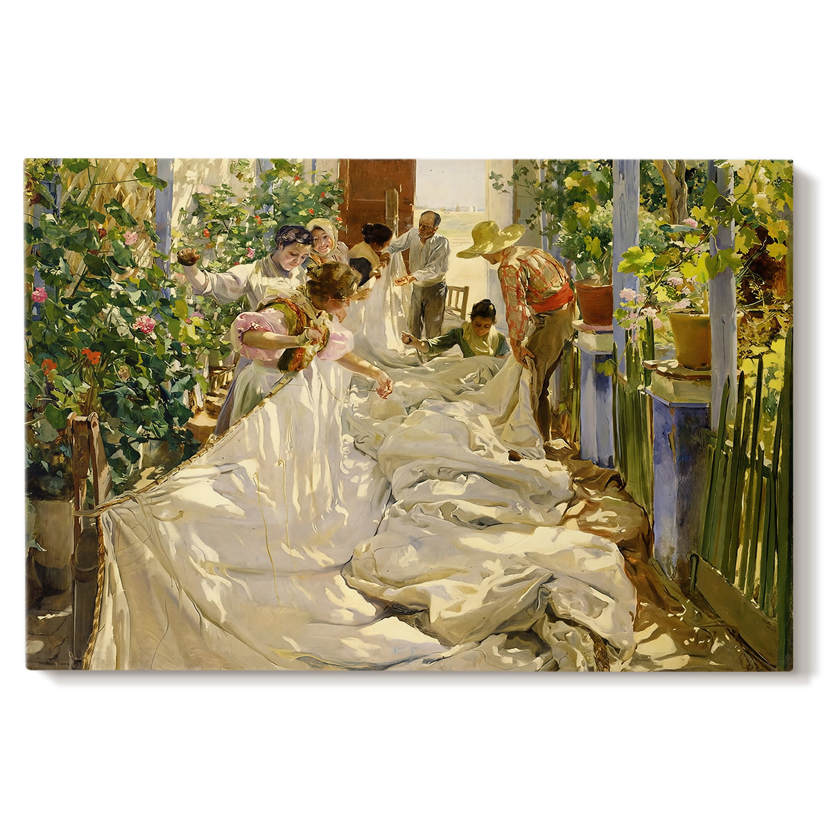 Canvas art print portraying figures working together sewing large sail outdoors in bright light, set against a white background