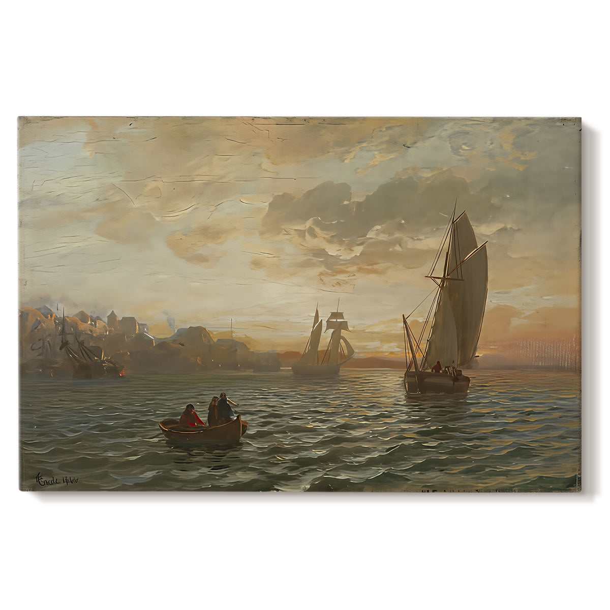 Canvas art print portraying a coastal landscape with boats scattered across fjord and distant landforms, set against a white background