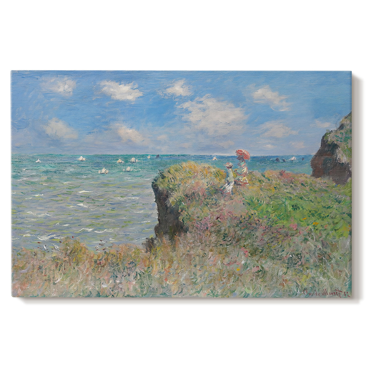 Canvas art print portraying figures walking along coastal cliff path overlooking ocean and sky, set against a white background