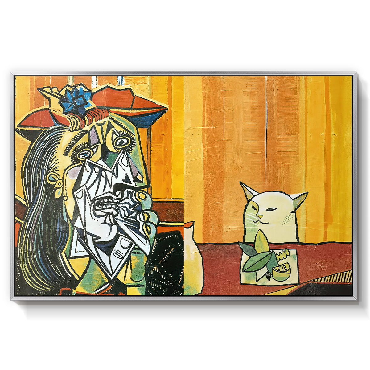 Woman Yelling at a Cat Meme (Picasso Parody) - Floater Framed Canvas Print
