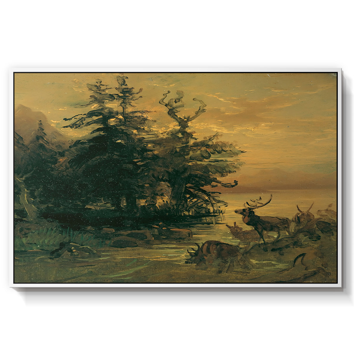 Wallowing Deer on the Shore of a Mountain Lake, c. 1850 - Floater Framed Canvas Print