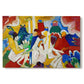 Canvas art print portraying a colorful abstract composition with clustered shapes suggesting figures and decorative elements, set against a white background