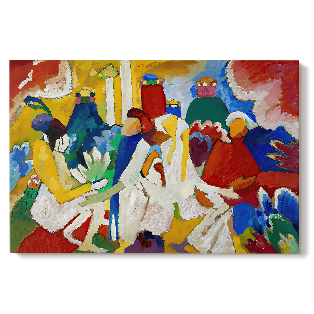 Canvas art print portraying a colorful abstract composition with clustered shapes suggesting figures and decorative elements, set against a white background