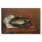 Canvas art print portraying a fish laid on a table in a simple still life arrangement, set against a white background