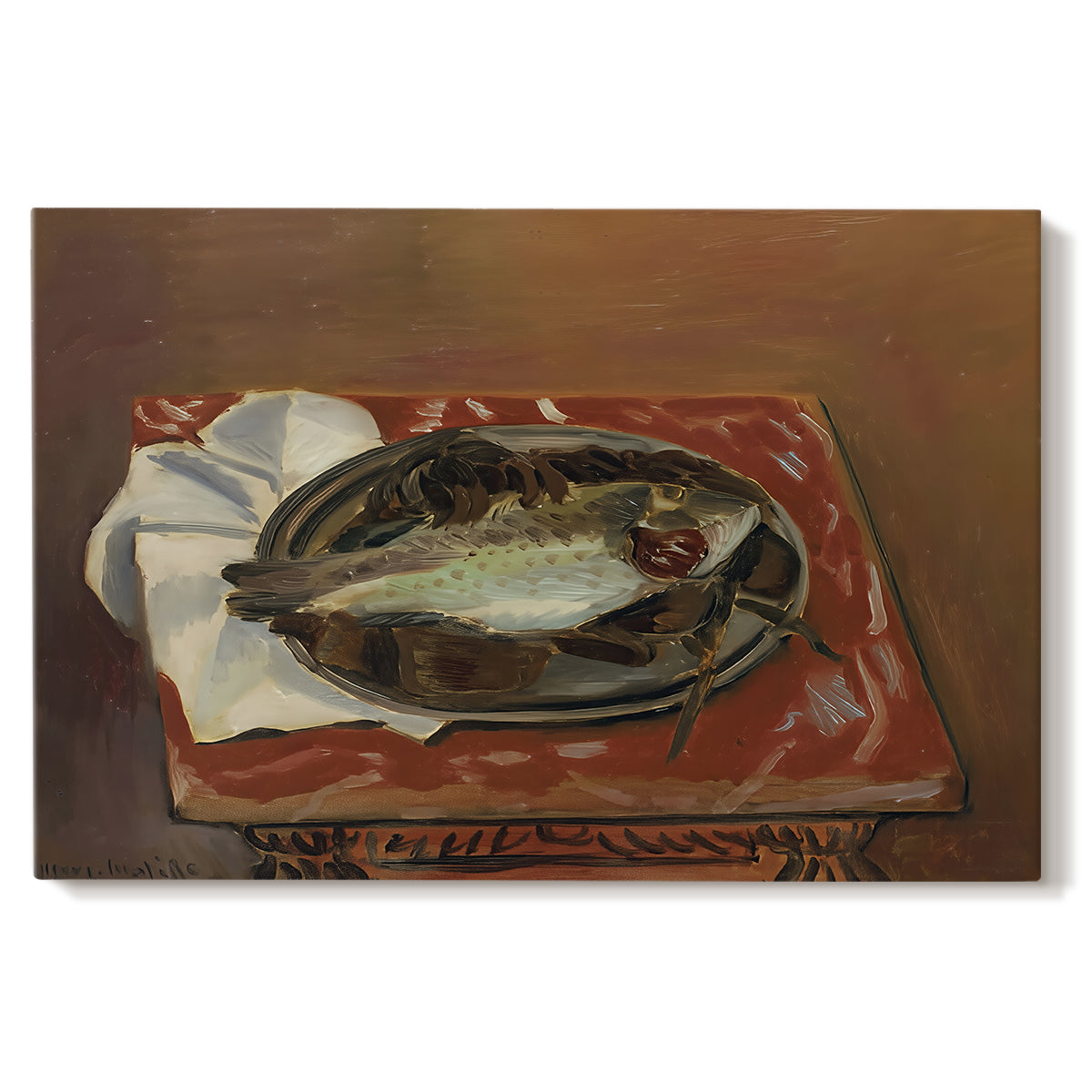 Canvas art print portraying a fish laid on a table in a simple still life arrangement, set against a white background