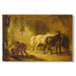 Canvas art print portraying an ewe with lambs resting together in open countryside, set against a white background