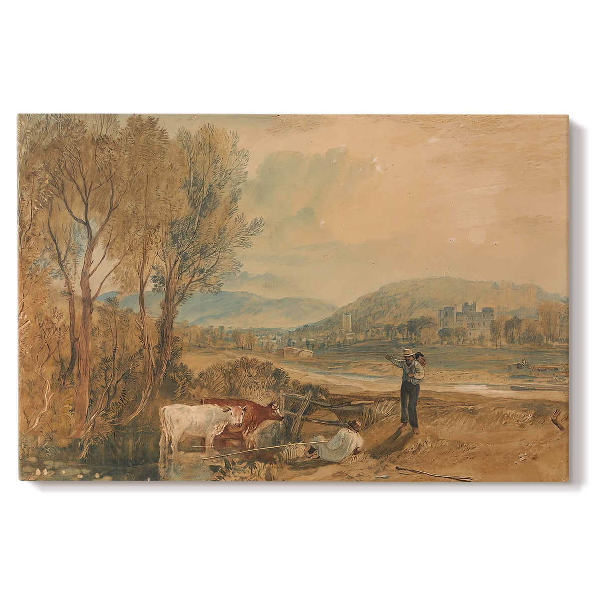 Canvas art print portraying a castle surrounded by open landscape under sky, set against a white background