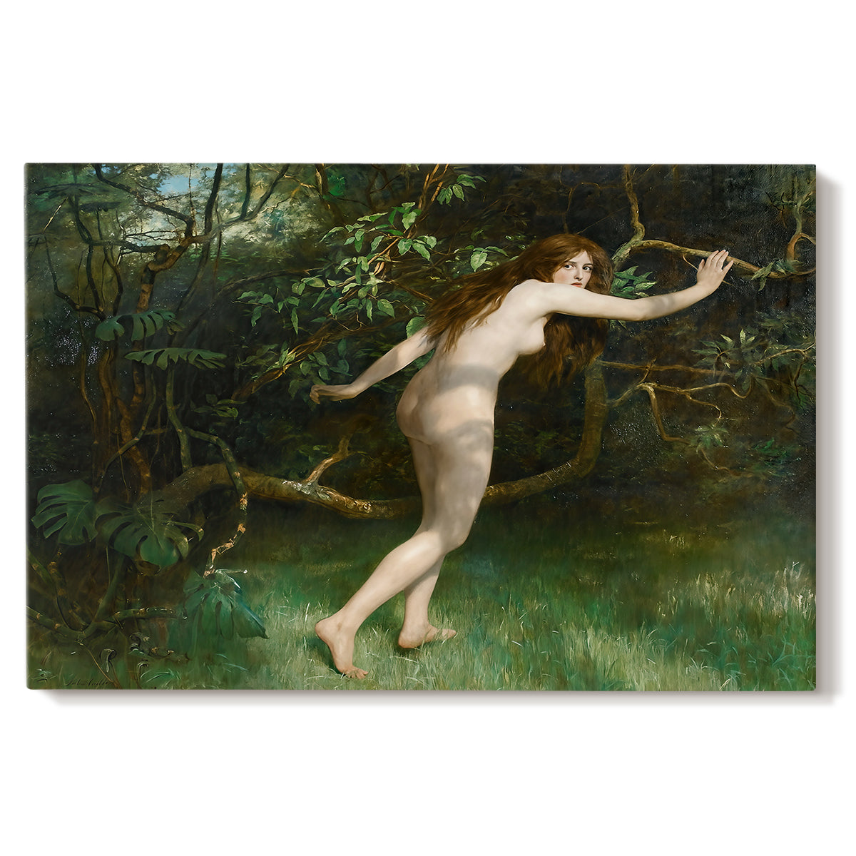 Canvas art print portraying a nude female figure standing in natural setting, set against a white background