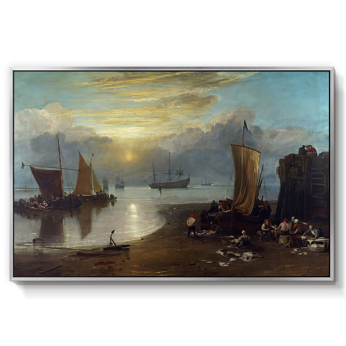 Sun Rising through Vapour: Fishermen Cleaning and Selling Fish, c. 1807 - Floater Framed Canvas Print