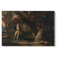 Canvas art print portraying a man with multiple dogs preparing for hunting in countryside, set against a white background