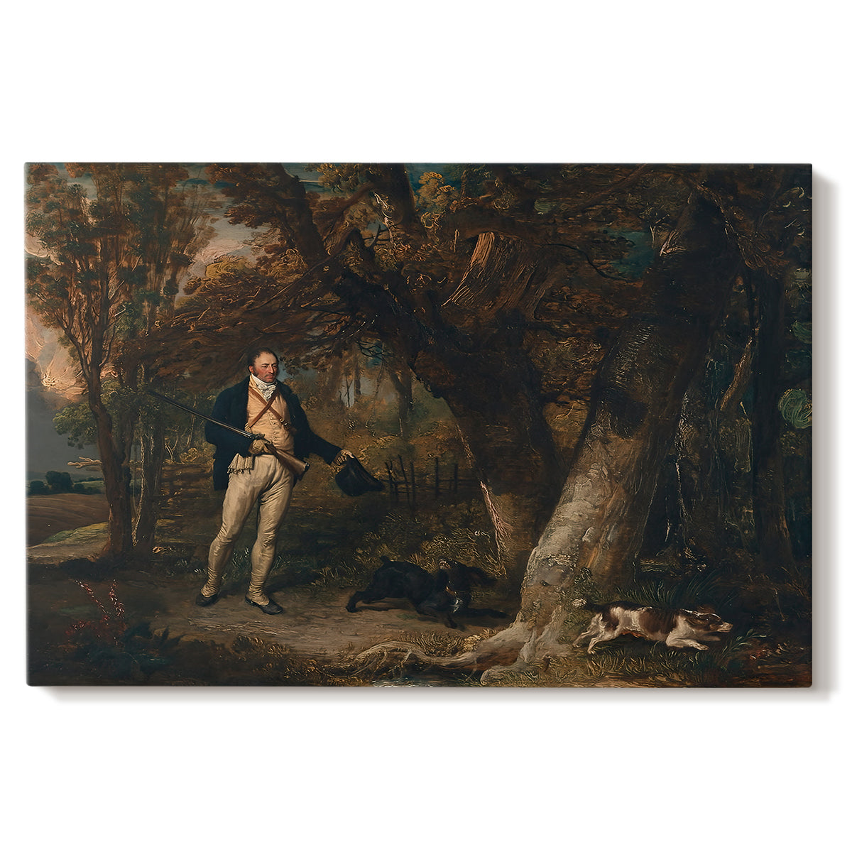 Canvas art print portraying a man with multiple dogs preparing for hunting in countryside, set against a white background