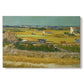 Canvas art print portraying an expansive farmland with workers harvesting crops under bright sky, set against a white background
