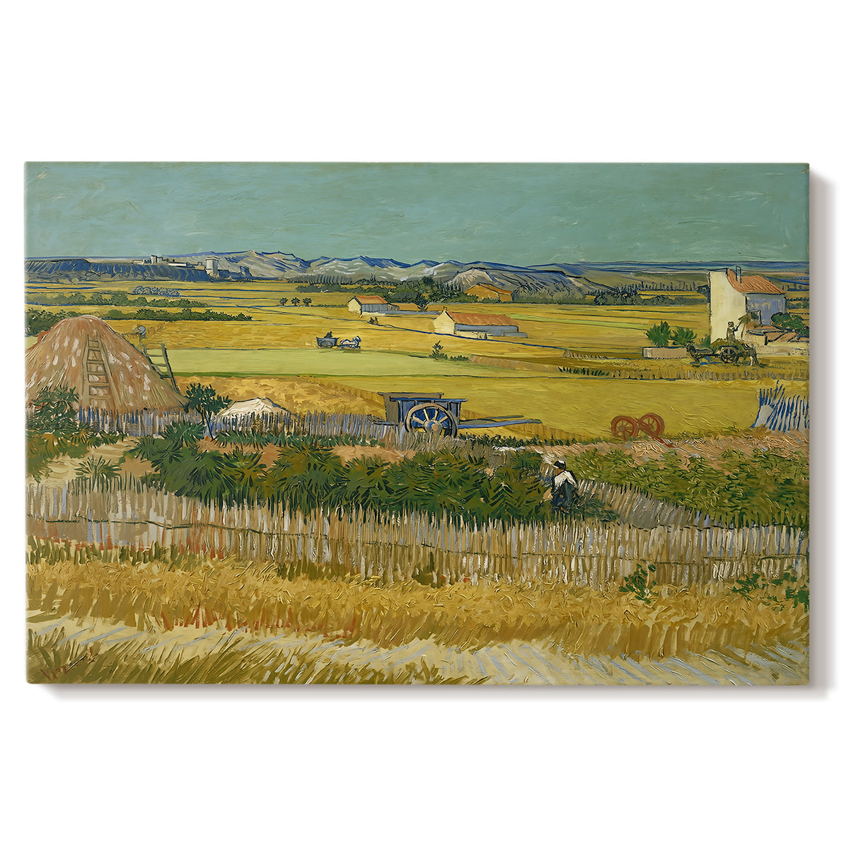 Canvas art print portraying an expansive farmland with workers harvesting crops under bright sky, set against a white background