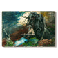 Canvas art print portraying a figure seated near fire in forest clearing surrounded by trees, set against a white background