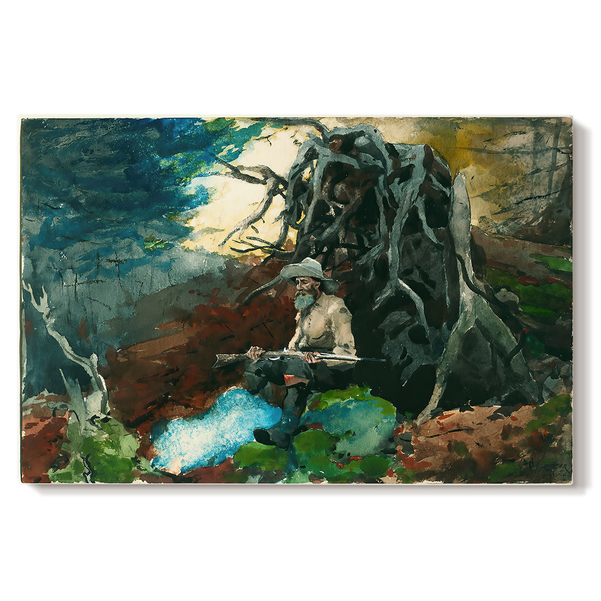 Canvas art print portraying a figure seated near fire in forest clearing surrounded by trees, set against a white background