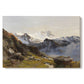 Canvas art print portraying a view of Großglockner peak from alpine hut overlooking valley, set against a white background