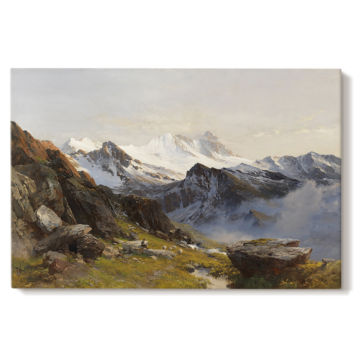 Canvas art print portraying a view of Großglockner peak from alpine hut overlooking valley, set against a white background