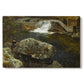 Canvas art print portraying a small pond beside mill surrounded by trees and greenery, set against a white background