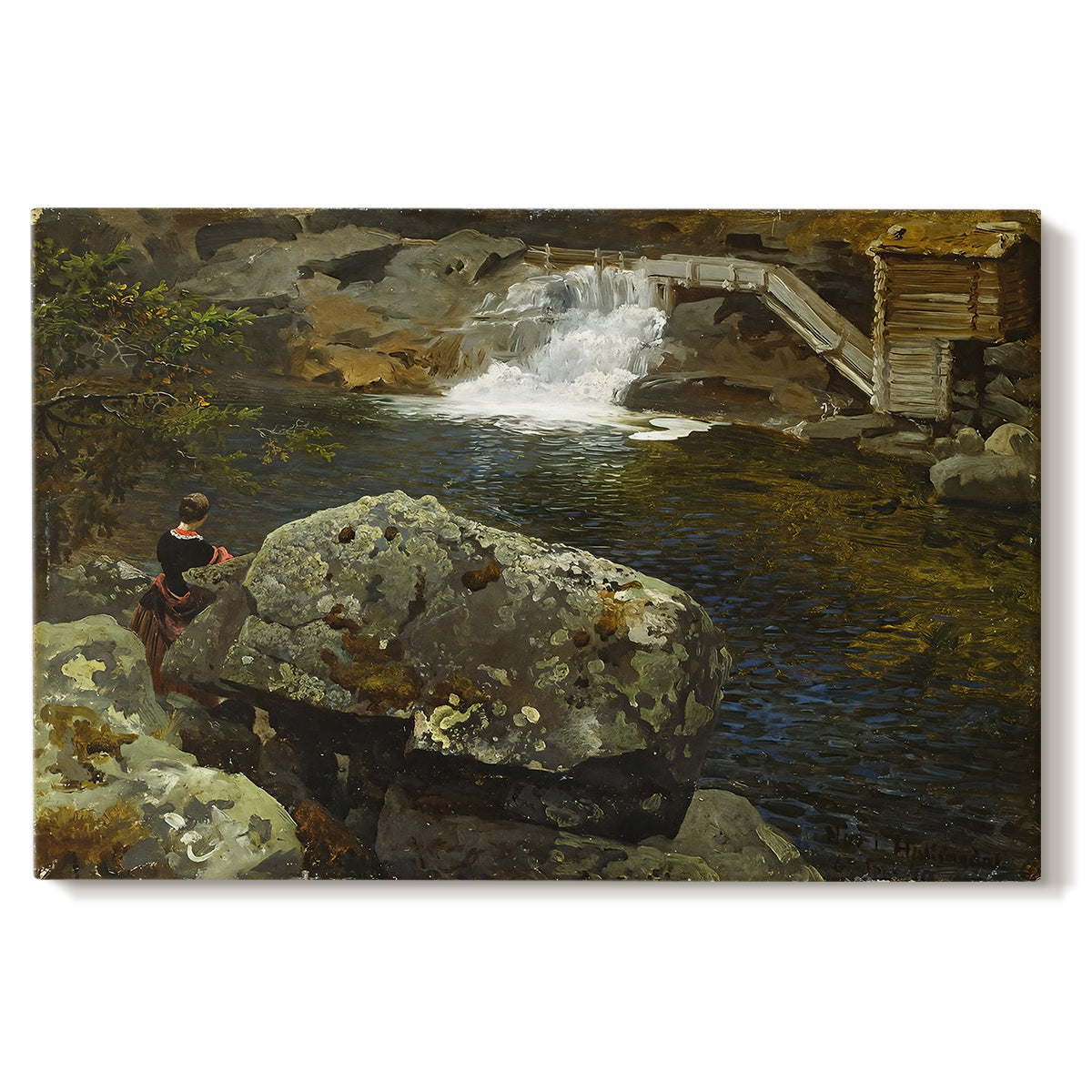 Canvas art print portraying a small pond beside mill surrounded by trees and greenery, set against a white background