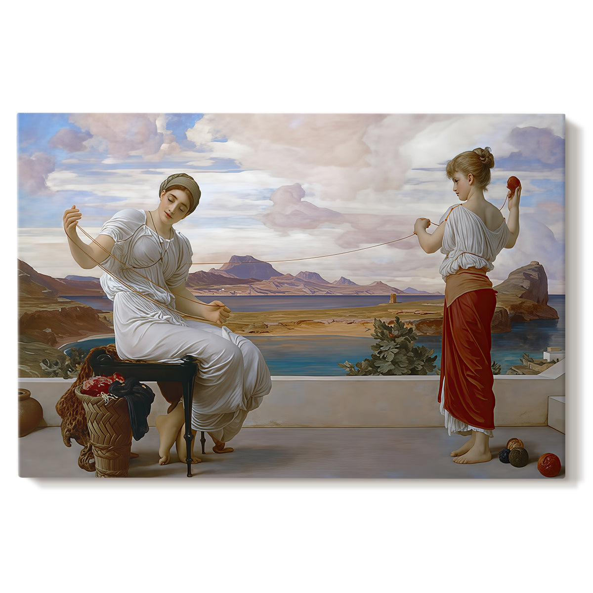 Canvas art print portraying a woman holding thread while another figure helps wind yarn in classical setting, set against a white background