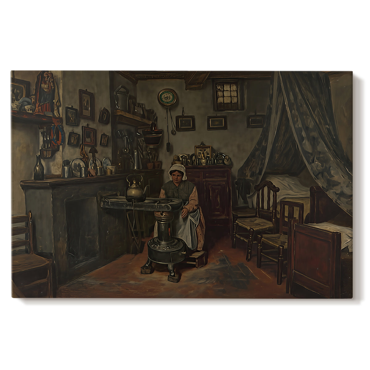 Canvas art print portraying a quiet room with figure seated near window and simple furnishings, set against a white background