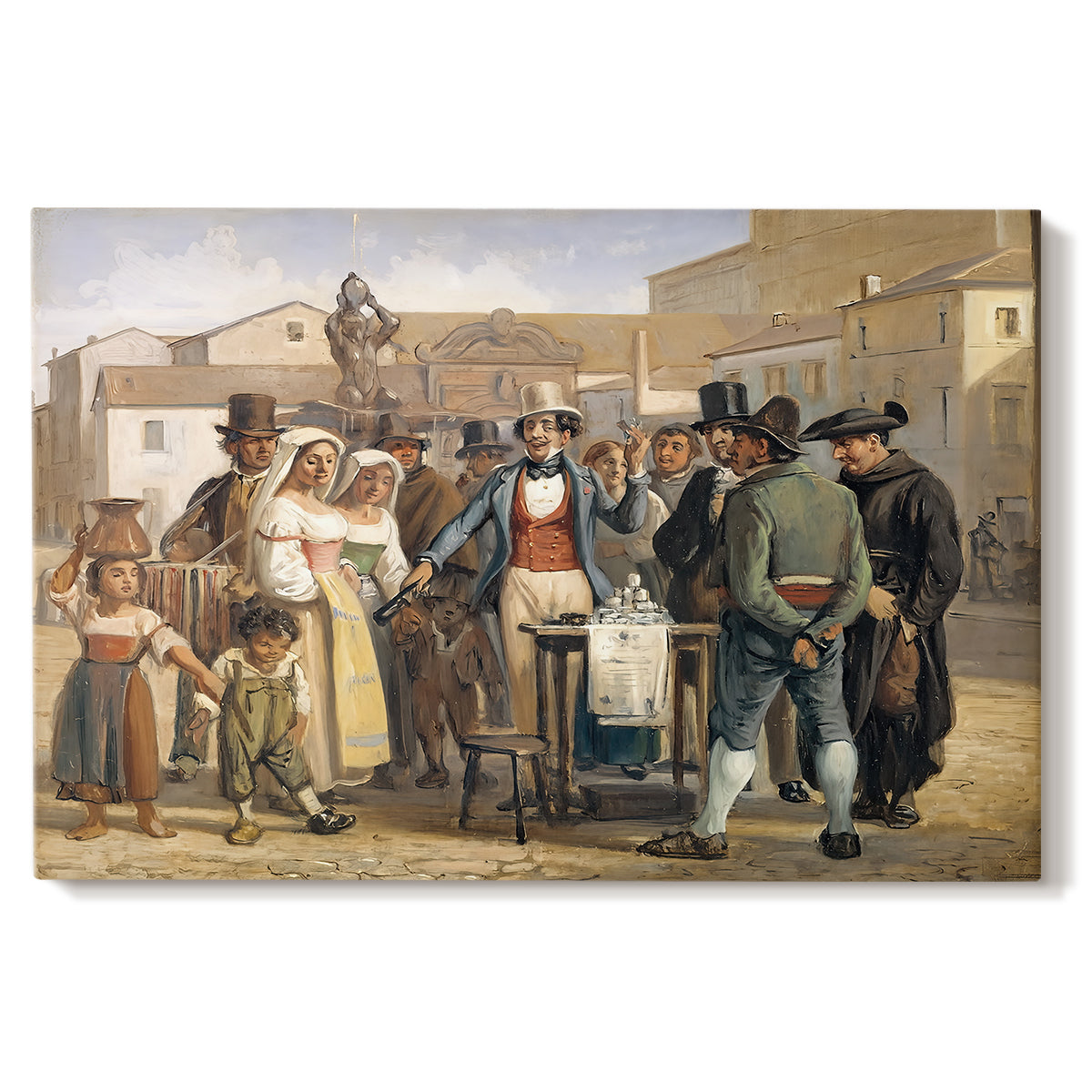 Canvas art print portraying a street scene with crowd gathered around vendor demonstrating product, set against a white background