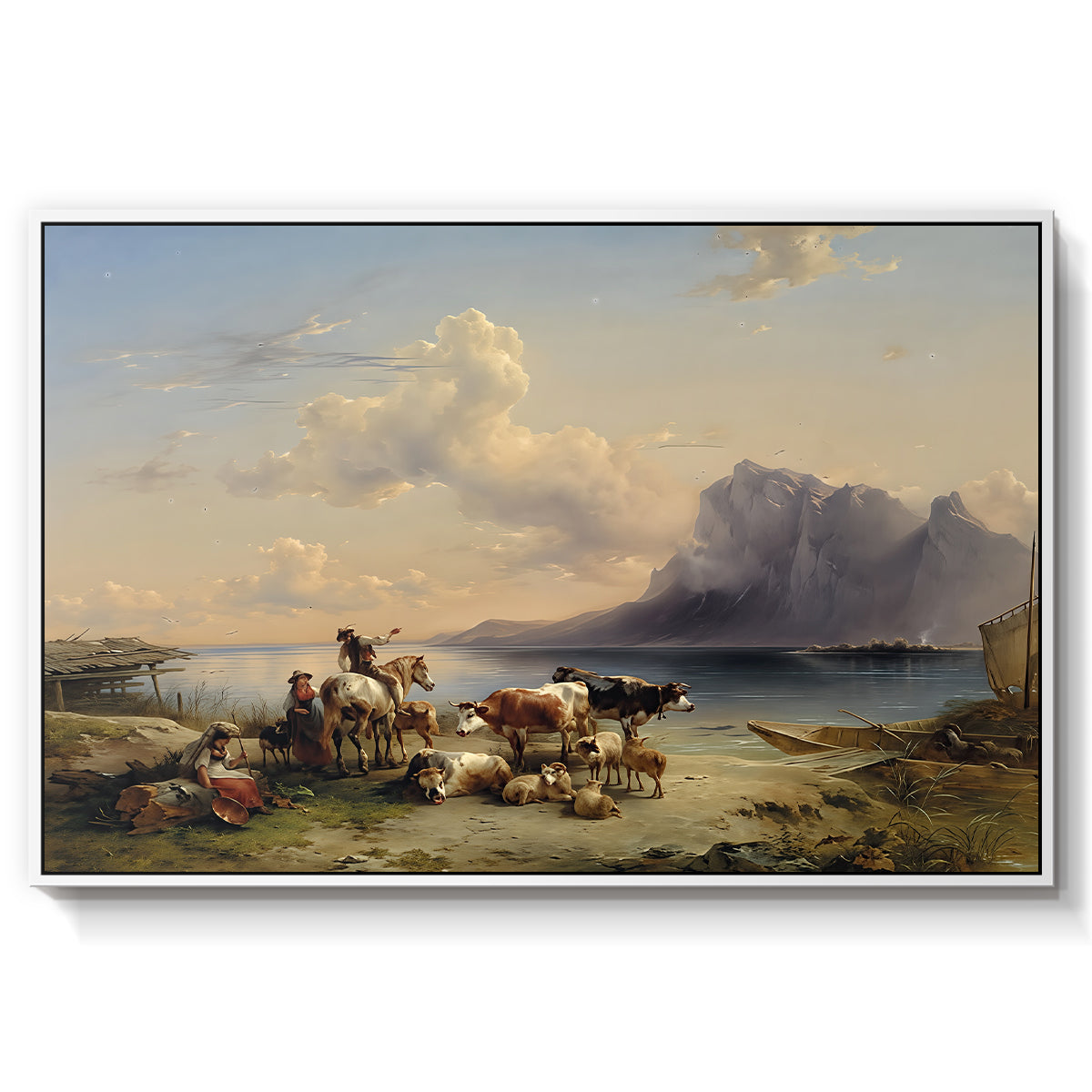 Shepherds and Cattle on Lake Attersee, 1852 - Floater Framed Canvas Print