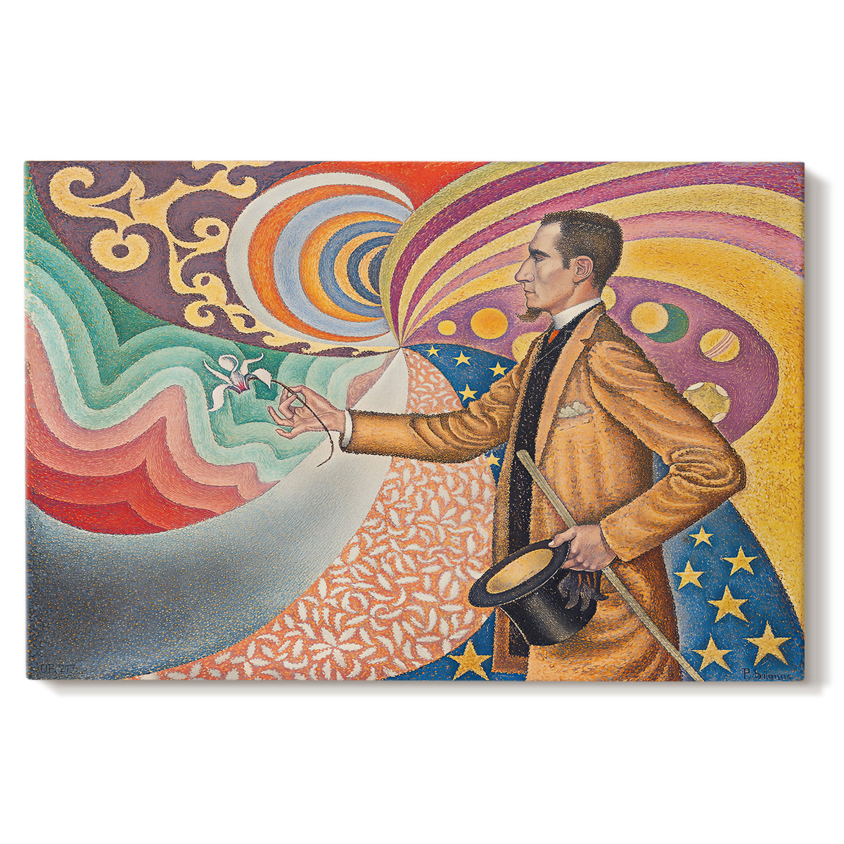 Canvas art print portraying a stylized portrait with swirling decorative background, set against a white background