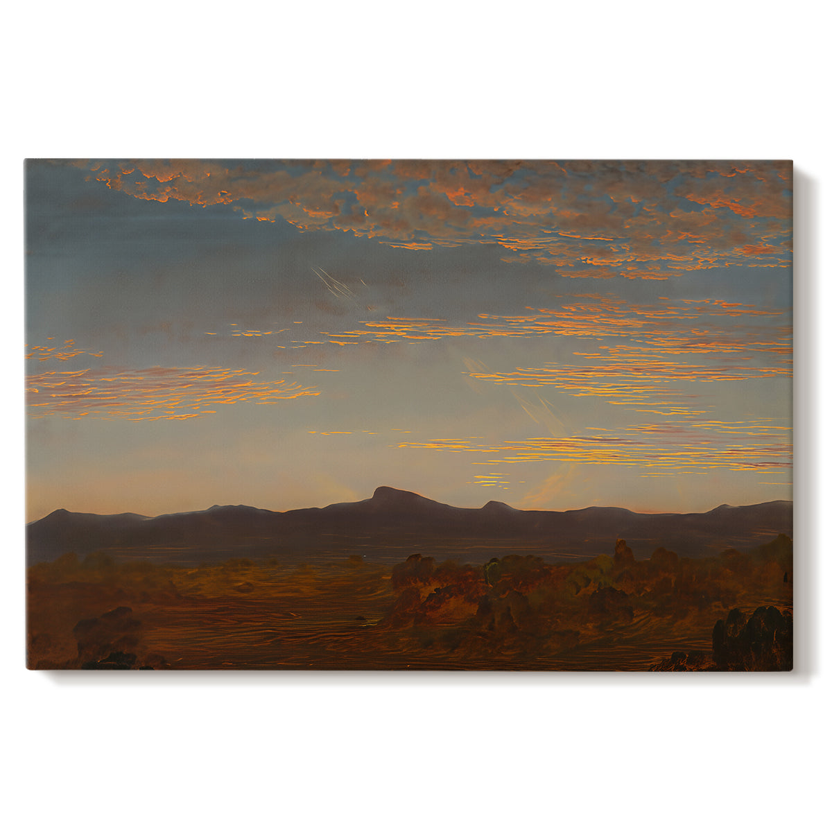 Canvas art print portraying a low mountain landscape under warm sky with broad open foreground, set against a white background