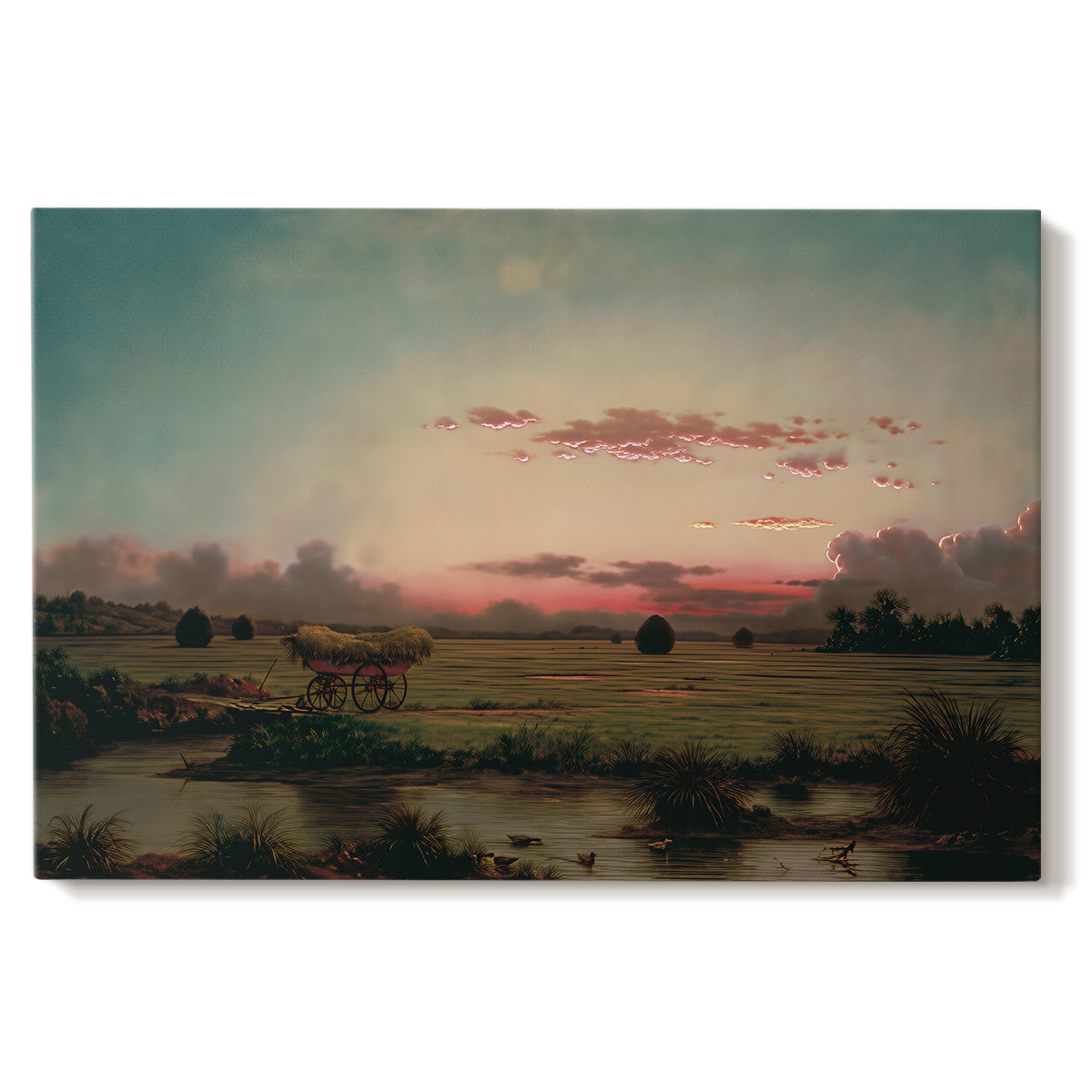 Canvas art print portraying an expansive marshland with water channels and horizon, set against a white background