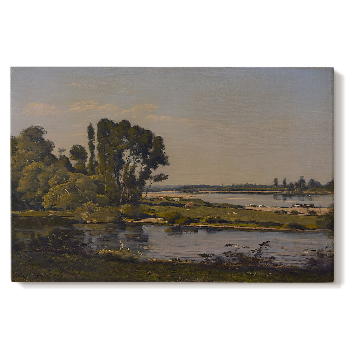 Canvas art print portraying a calm river winding through countryside with trees and open sky, set against a white background