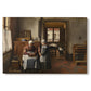 Canvas art print portraying a group gathered around table sharing meal in warm interior setting, set against a white background