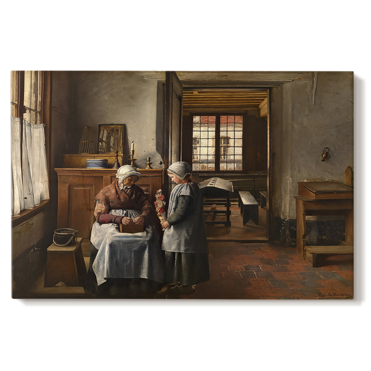 Canvas art print portraying a group gathered around table sharing meal in warm interior setting, set against a white background