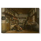 Canvas art print portraying a man working at table inside rustic interior filled with tools and objects, set against a white background