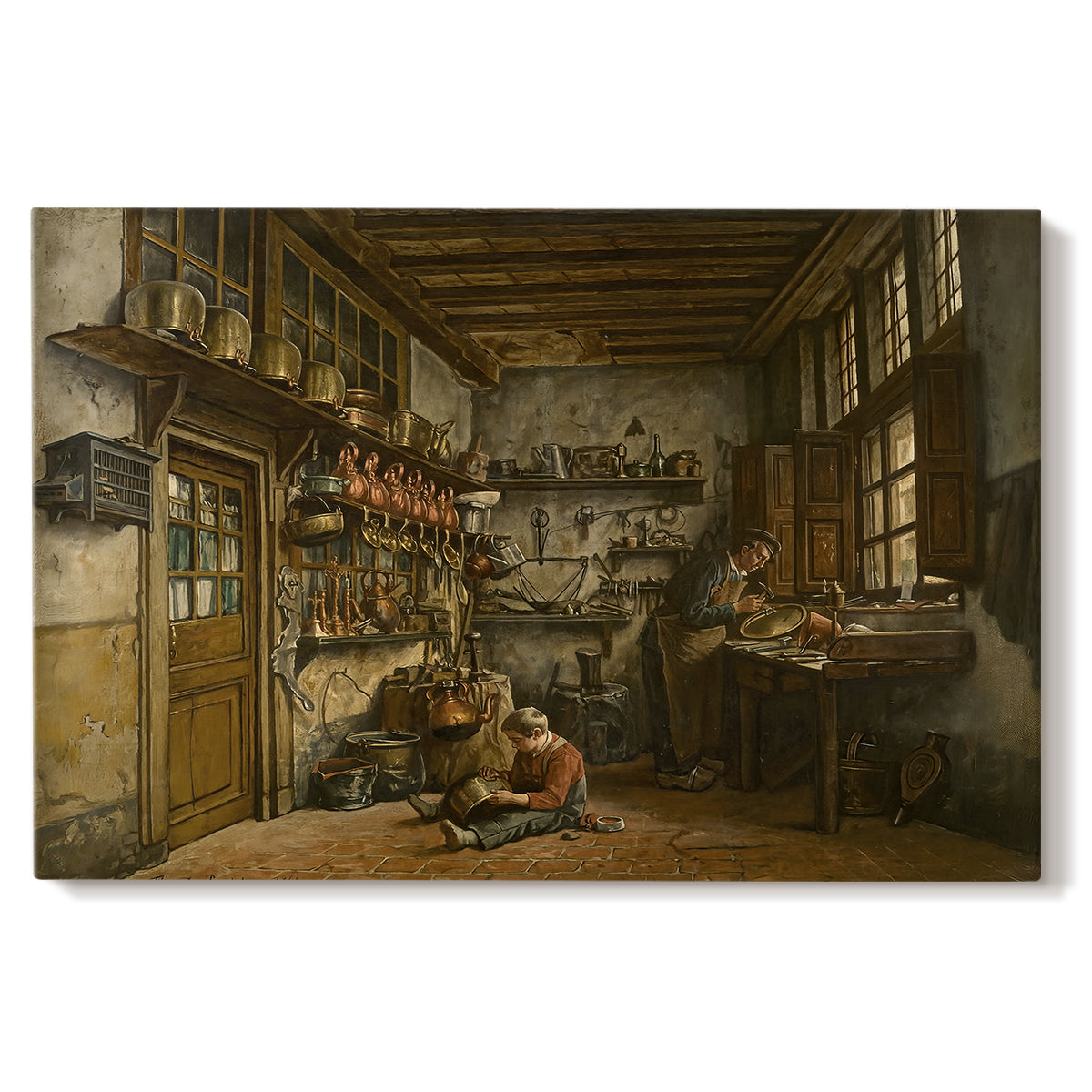 Canvas art print portraying a man working at table inside rustic interior filled with tools and objects, set against a white background