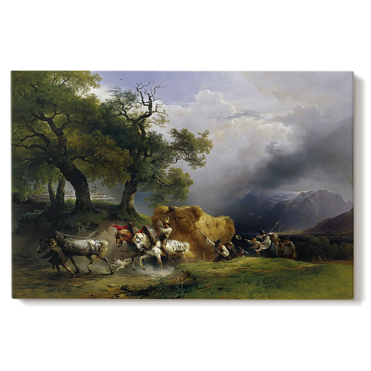 Canvas art print portraying a wagon loaded with hay moving through countryside, set against a white background