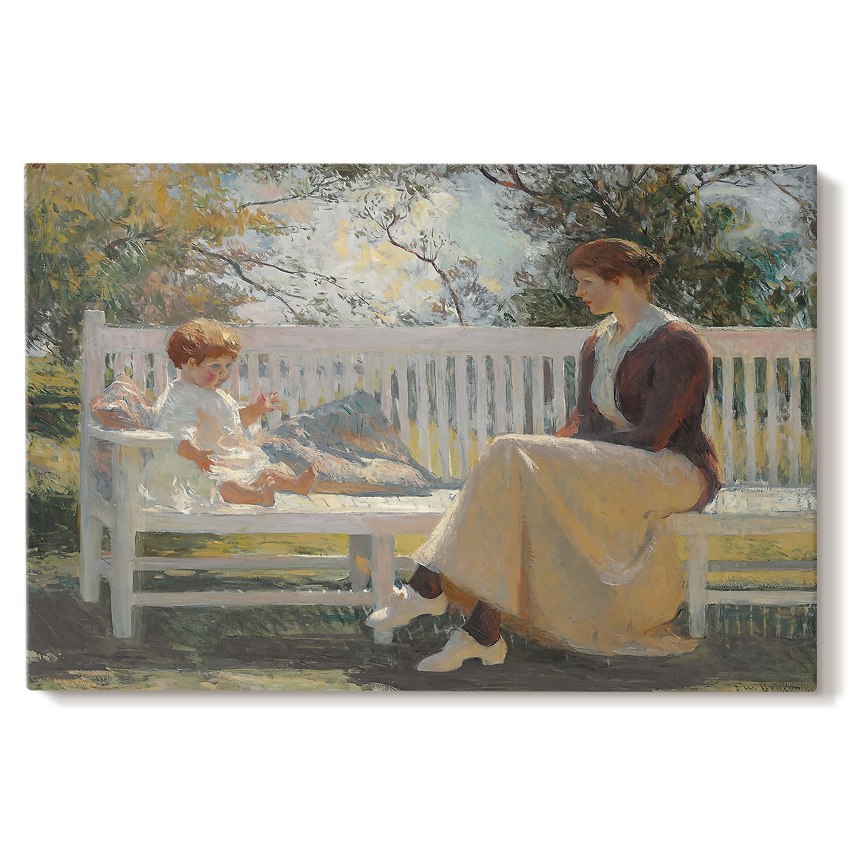 Canvas art print portraying a woman and child seated outdoors in natural light, set against a white background