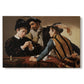Canvas art print portraying two men cheating at cards while a third figure secretly observes behind them, set against a white background